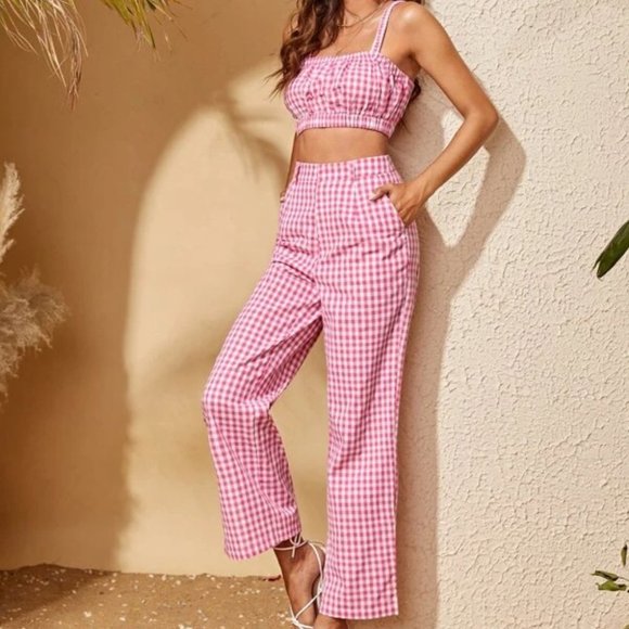Gingham Plaid Print Cami Top with matching Pants Slit Hem Pink - Picture 4 of 5
